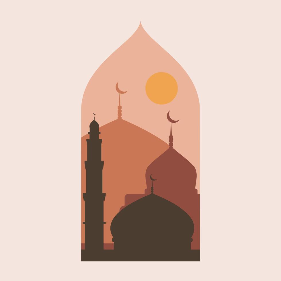 Mosque Vector Illustration,. Ramadan Kareem Eid Mubarak abstract vector design. Modern illustration with window, arch, mosque dome, crescent moon. Islamic backgrounds for greeting cards, posters