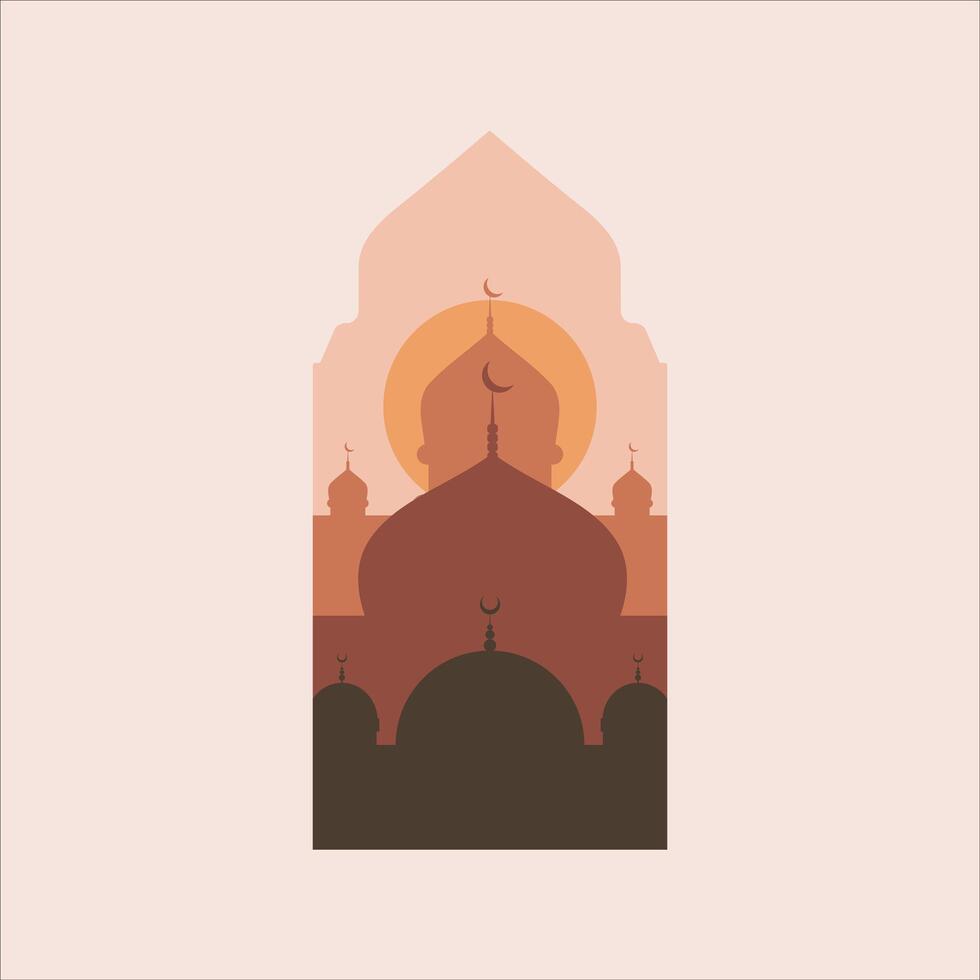 Mosque Vector Illustration,. Ramadan Kareem Eid Mubarak abstract vector design. Modern illustration with window, arch, mosque dome, crescent moon. Islamic backgrounds for greeting cards, posters