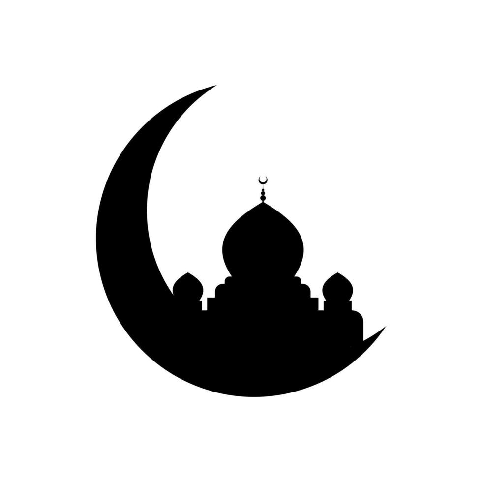 mezquita creciente Luna silueta. eid Mubarak saludo tarjeta. creciente Luna con mezquita silueta. Ramadán kareem diseño elemento para musulmán comunidad festival o día festivo. islámico símbolo vector