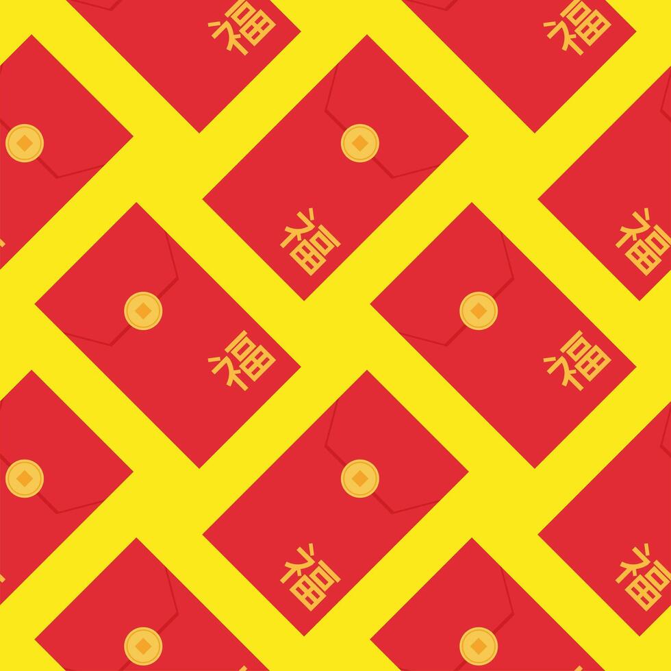 angpao o hongbao chino nuevo año suerte dinero sobre sin costura modelo. chino festivo tradicional regalo con monedas, dinero para nuevo año, cumpleaños, Boda y otro vacaciones. vector