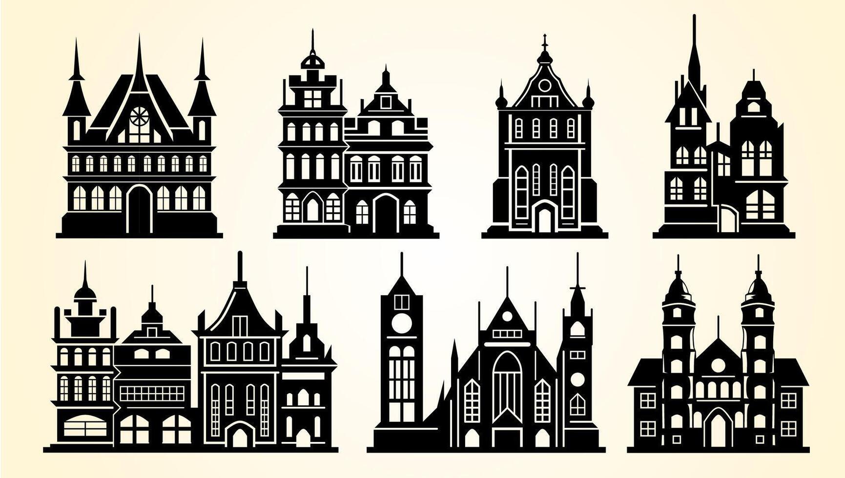 silueta conjunto de europeo edificios vector ilustración.