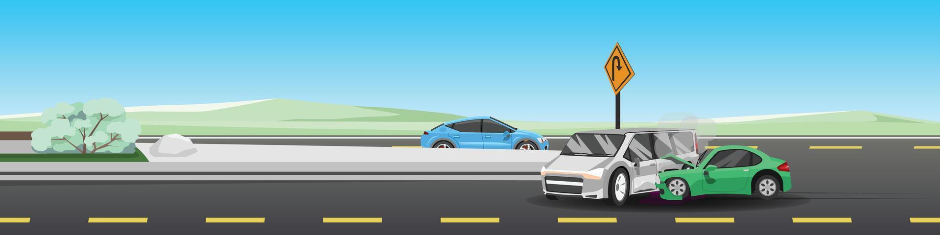 Vector or Illustrator of car accident on the asphalt road. Making a U-turn to cut directly in front of a car. Sport car crash to the middle of the van.