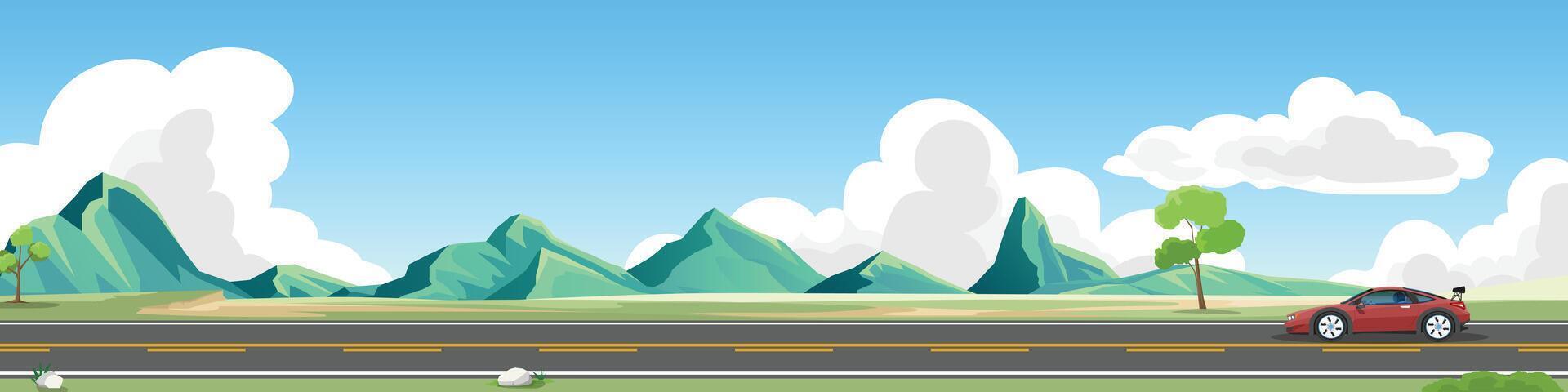 Travels of sport car with driving rae for banner. Asphalt road near the meadow with spring tree and complex mountain ranges. Under clear sky and white clouds. Copy Space Flat Vector. vector