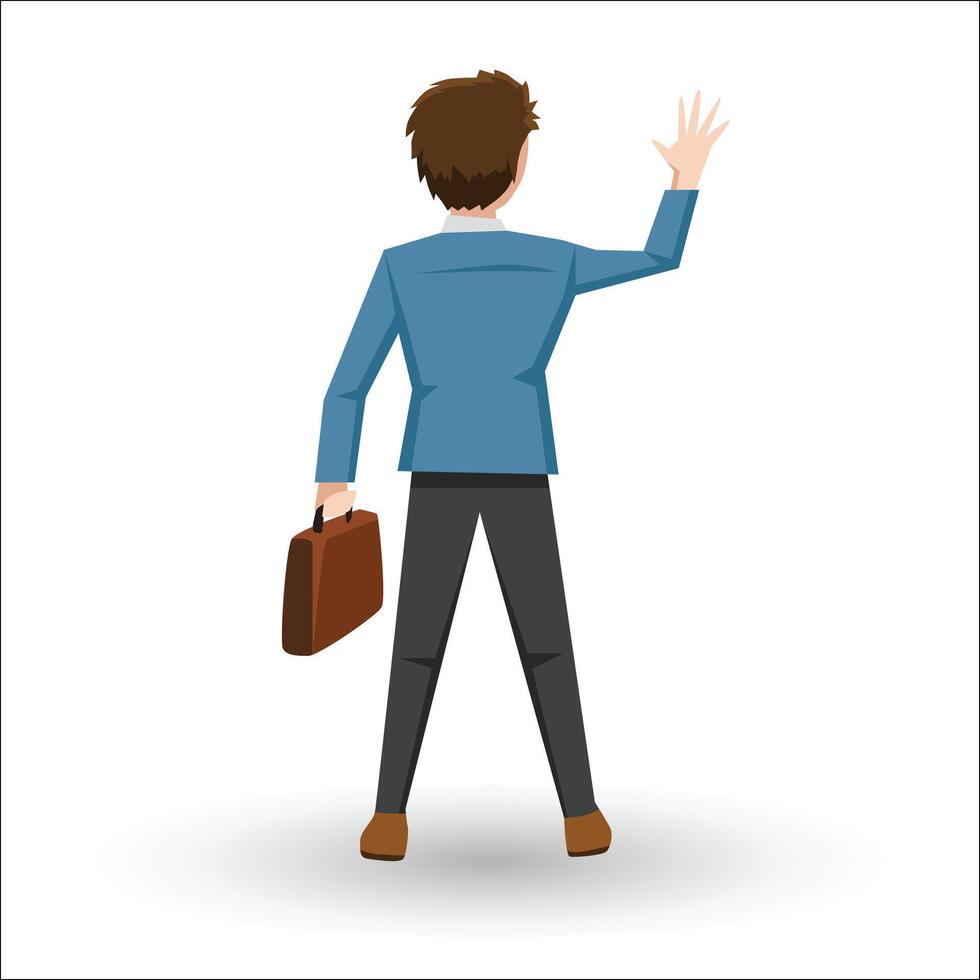 Vector or Illustrator of. Businessman in a business suit stands holding a bag and waving his hand. With shadow on isolated white background.