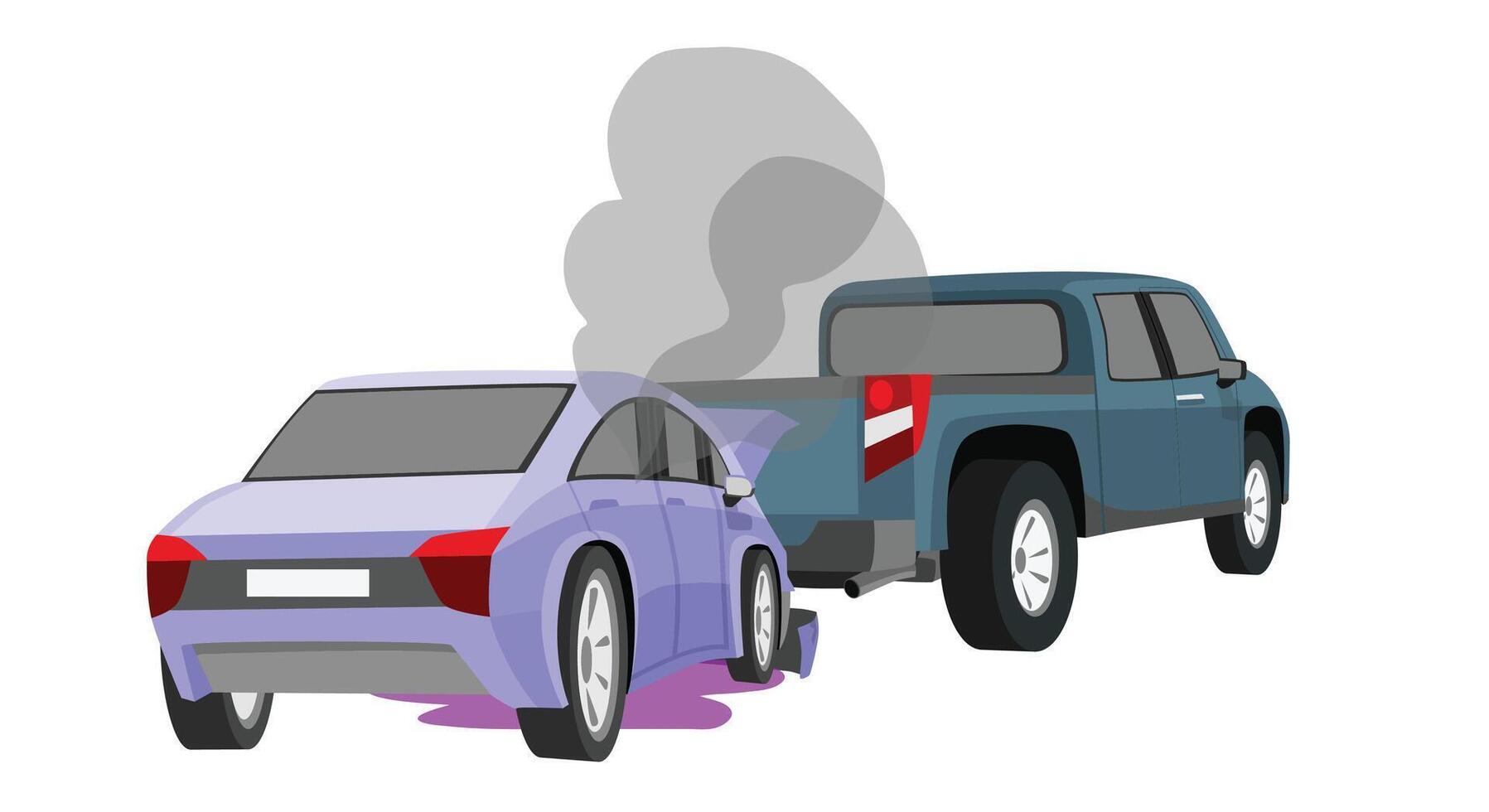 Car accident. Accident on the road. Vector illustration on white background. Personal car accident collided with a pickup truck. Hood of car open with smoke and oil leak.