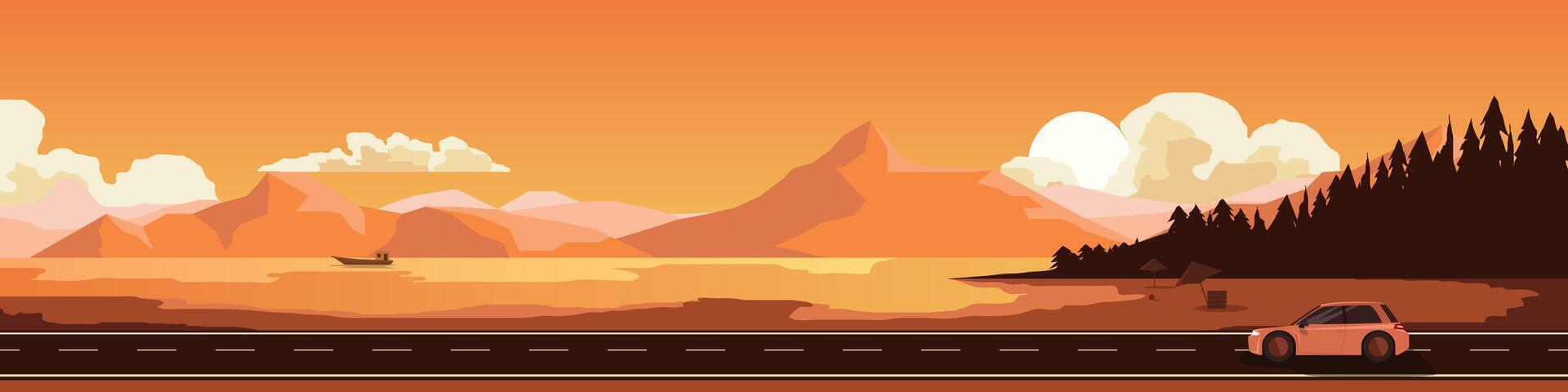 Landscape of car on the road for banner. Asphalt road near the sea beach with umbrella and rubber ring. with forest and mountain. environment of sunset in the evening.  Copy Space Flat Vector. vector