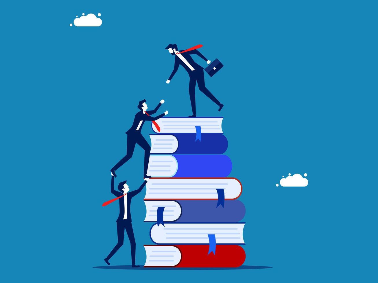 helping colleague climb stack of books vector