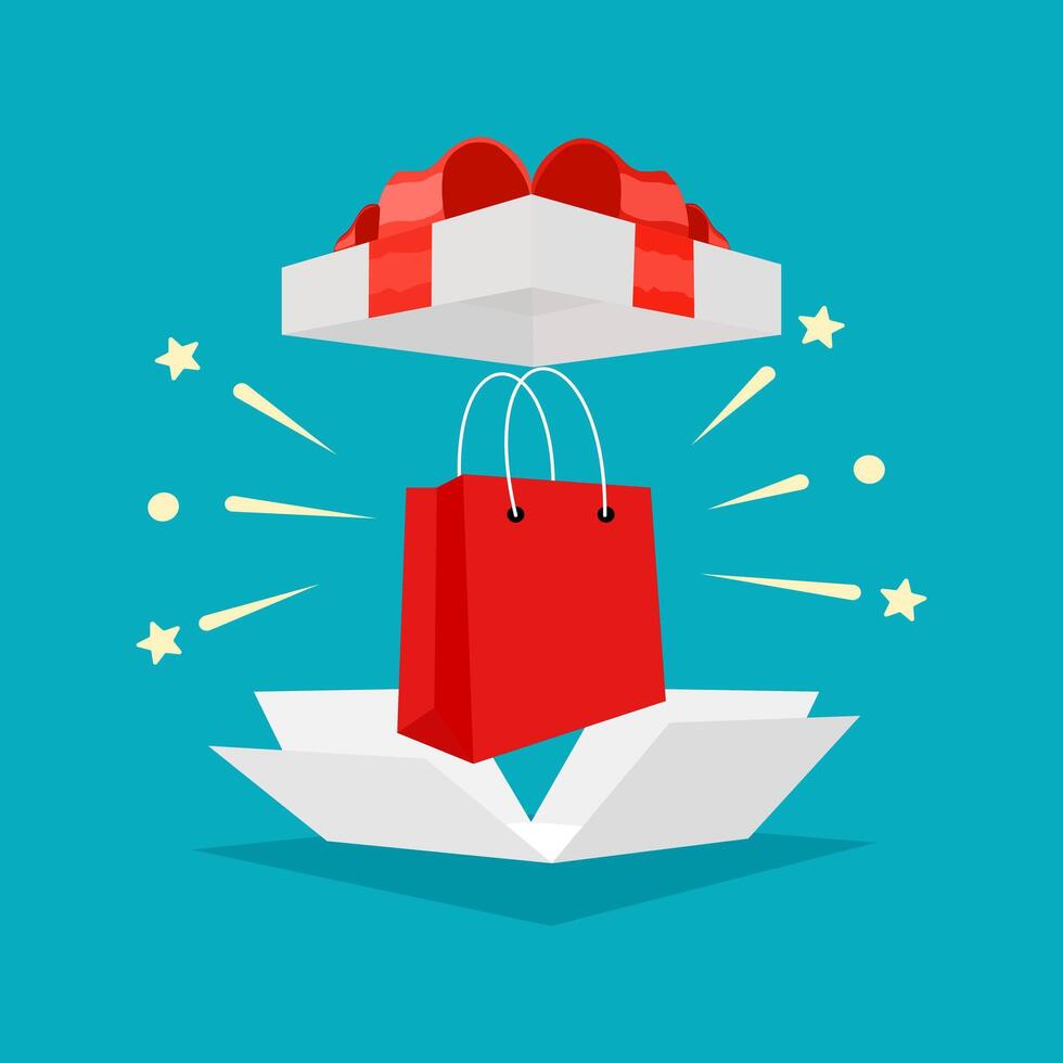 Shopping bag in gift box with red ribbon vector