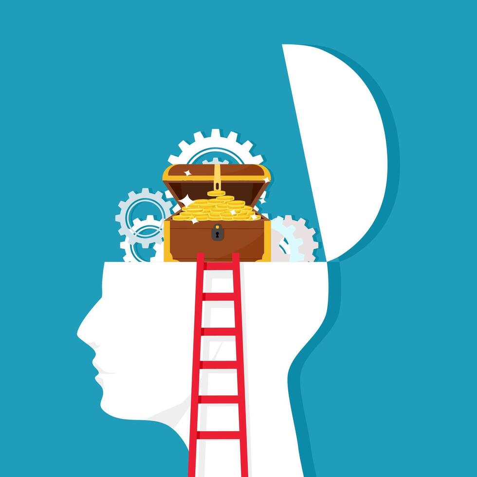 Ladder and gears on the human head with treasures vector
