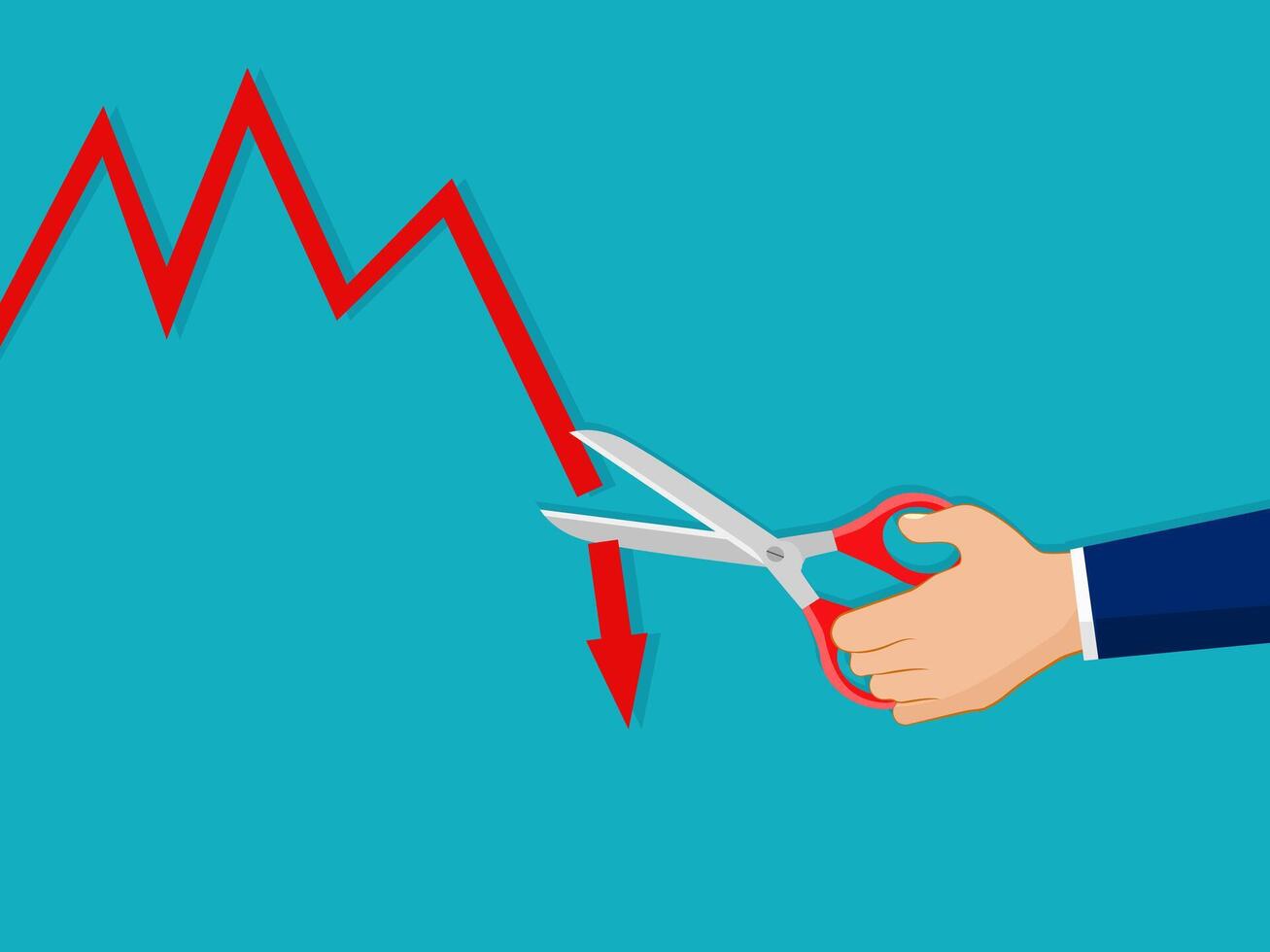 businessman uses scissors to cut a downward graph vector