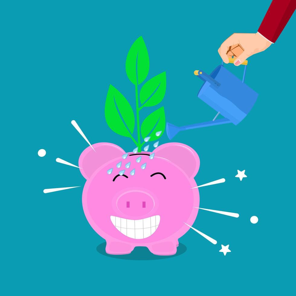 empresario plantando arboles y cerdito banco. el idea de creando ahorros vector