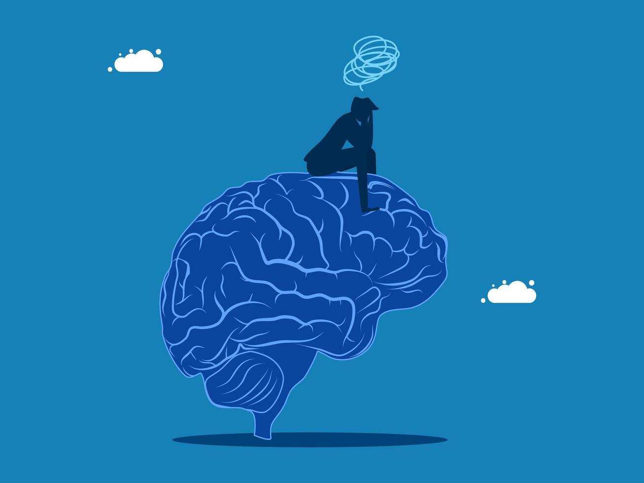 Depression. Businessman sitting sadly on human brain vector