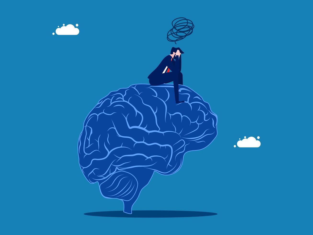Stress, mental deterioration. Businessman sitting sadly on human brain vector