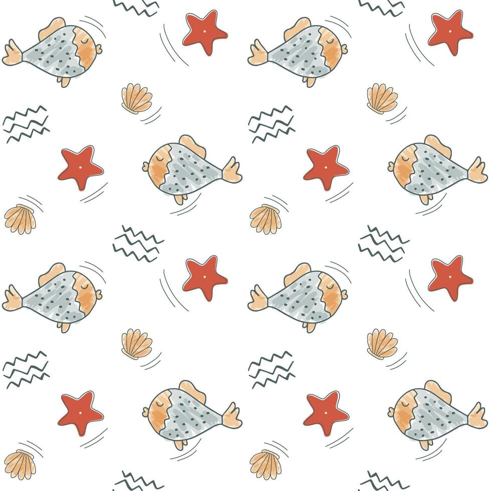 Cute simple pattern with oceanic doodle elements. Seamless background with fish and seashells. vector