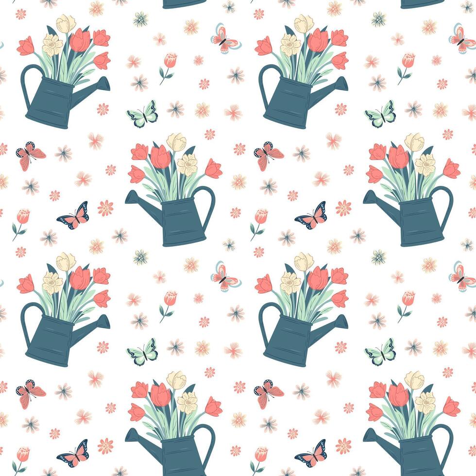 Vector seamless pattern with cute watering can with flowers. Spring backgrounds. Hand drawn print.