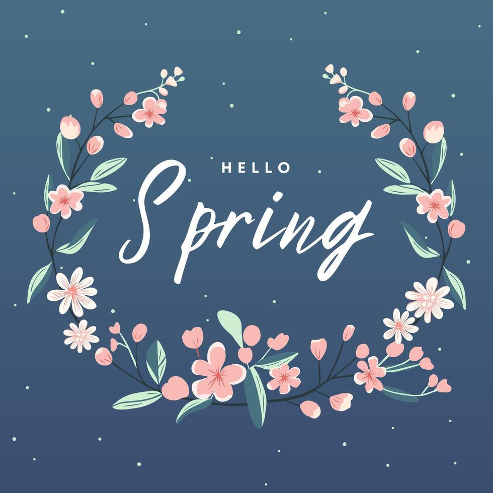 Hello spring frame. Trendy spring design with blossom in pastel colors and text. Poster, greeting card, banner. vector