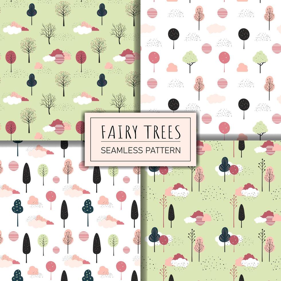 Set of cute fantasy seamless patterns. Spring trees vector pattern. Childish comic backgrounds.