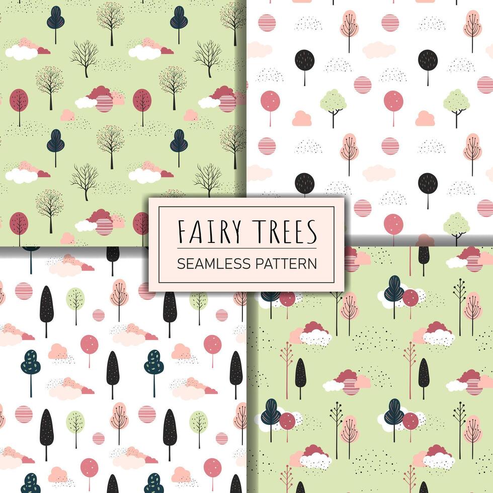 Set of cute fantasy seamless patterns. Spring trees vector pattern. Childish comic backgrounds.