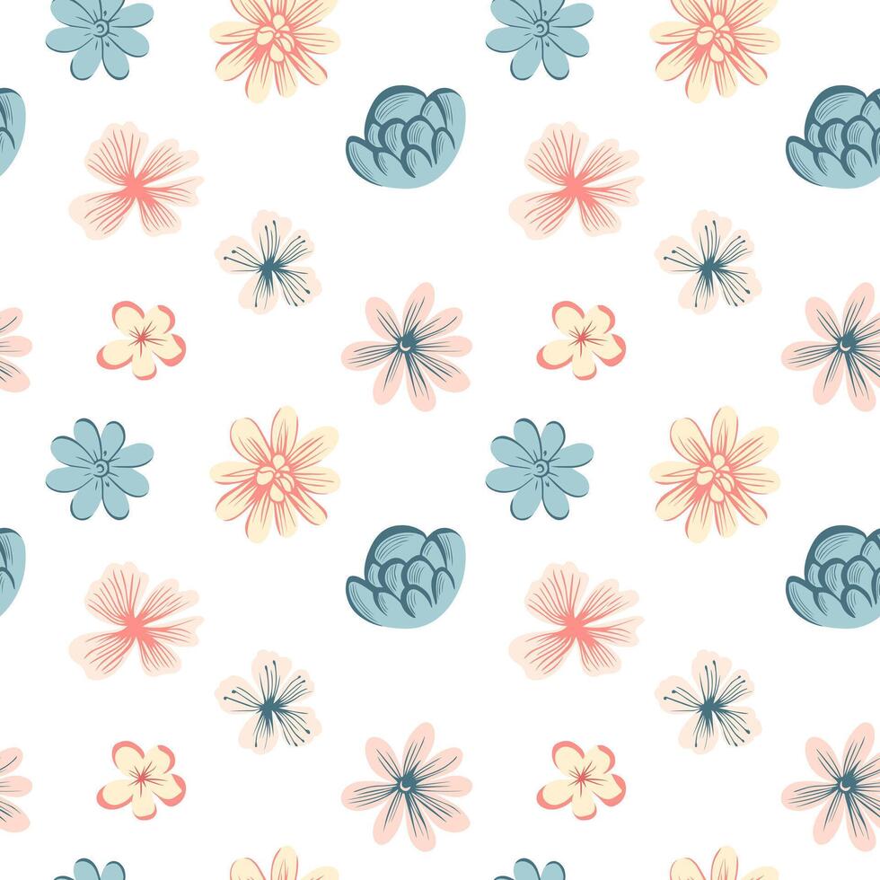 Vector seamless pattern with folk flowers. Spring background. Romantic flower pattern hand drawn.