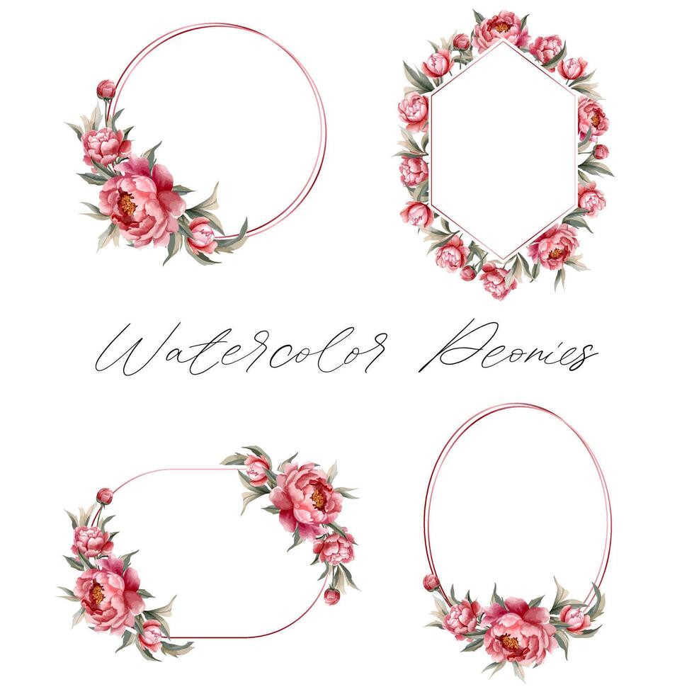 Set of watercolor peonies frames. Vector floral wreath with peony. For wedding invitations, posters and cards.