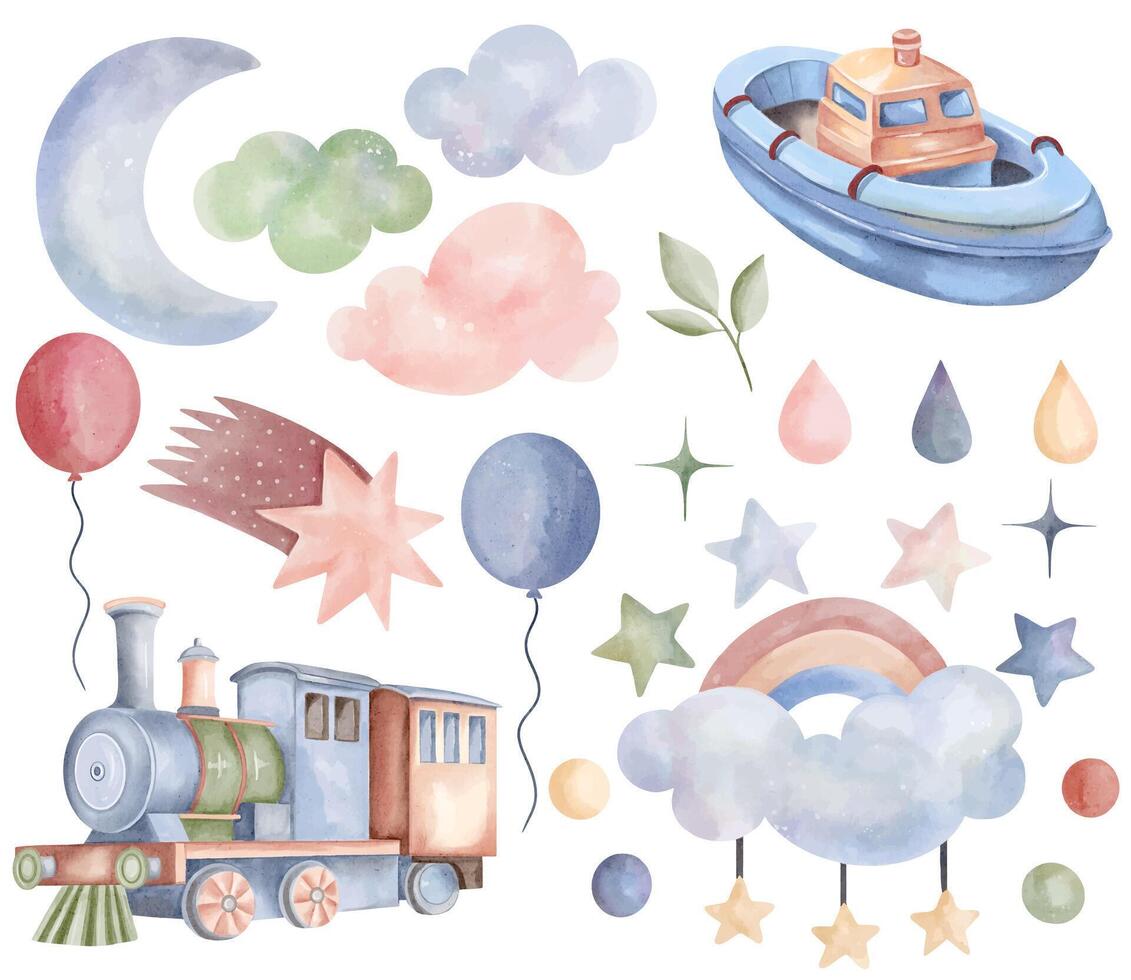 Watercolor toys train, boat. Set of vector hand drawn nursery elements, clouds, moon, rainbow, stars