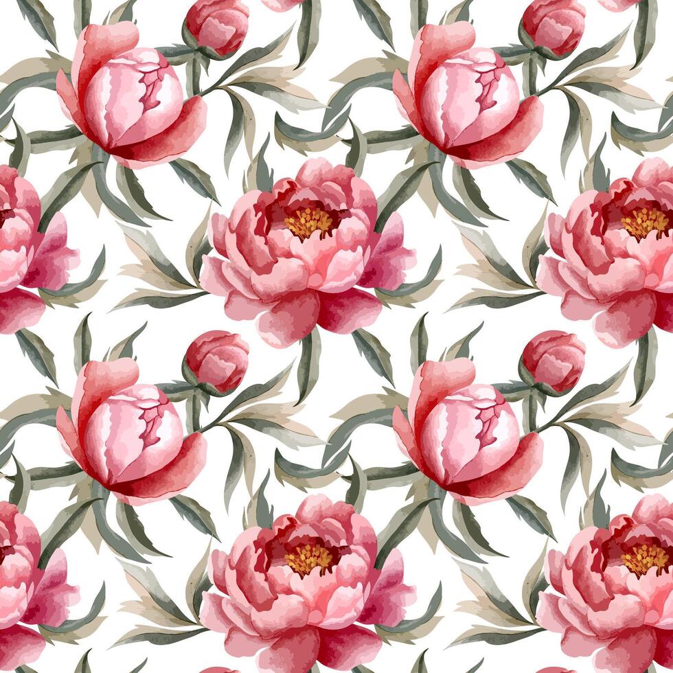 Seamless vector background with watercolor peonies. Watercolor botanical seamless pattern