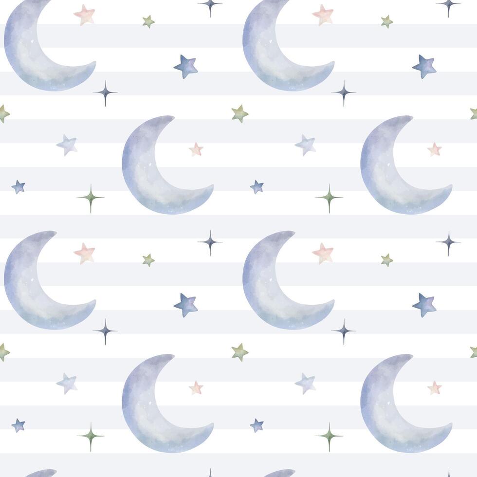 Seamless pattern with watercolor moon and stars. Cute childish wallpaper. Vector background in pastel colors