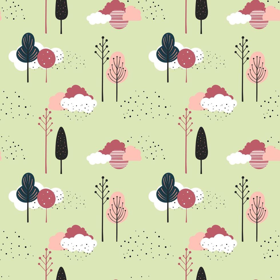 Cute trees seamless pattern. Scandinavian trees and clouds vector wallpaper. Childish fantasy background.
