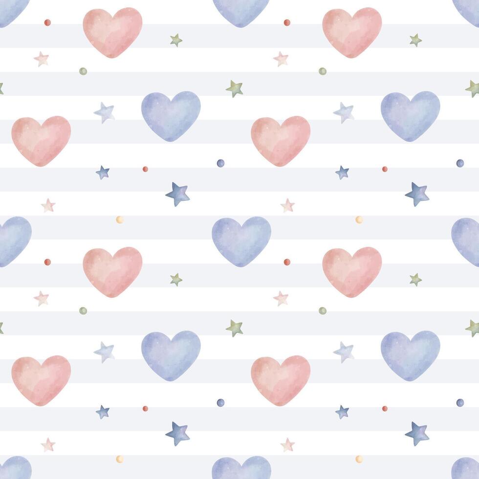 Seamless pattern with watercolor hearts and stars. Cute childish wallpaper. Vector background in pastel colors