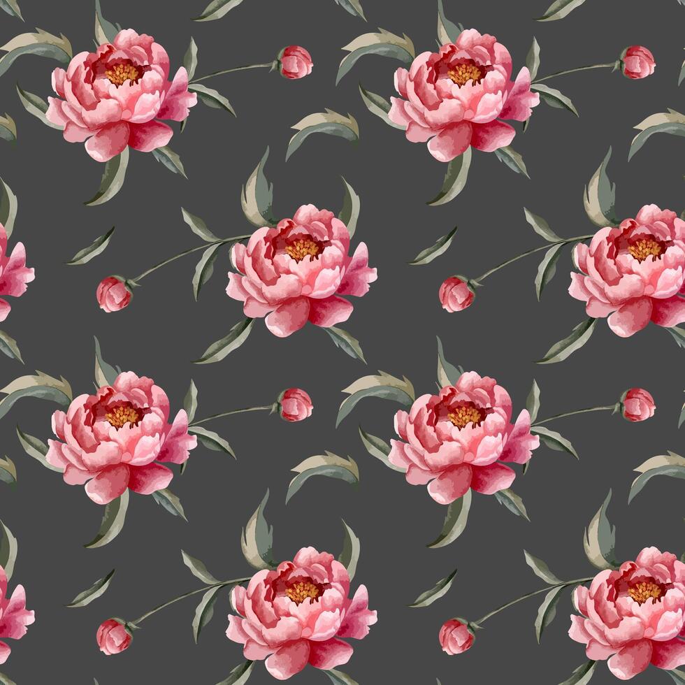 Seamless pattern with watercolor peonies on dark background. Watercolor botanical vector background