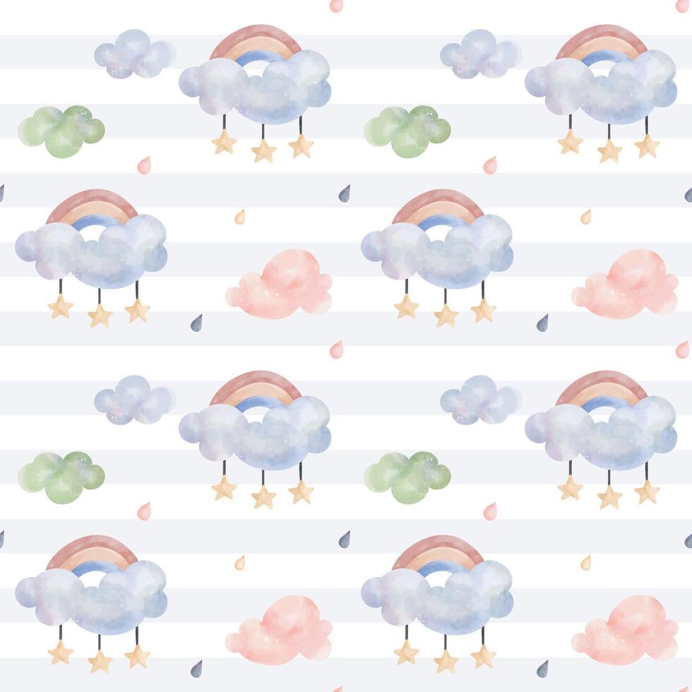 Cute childish wallpaper. Seamless pattern with rainbow and clouds. Watercolor background in pastel colors vector