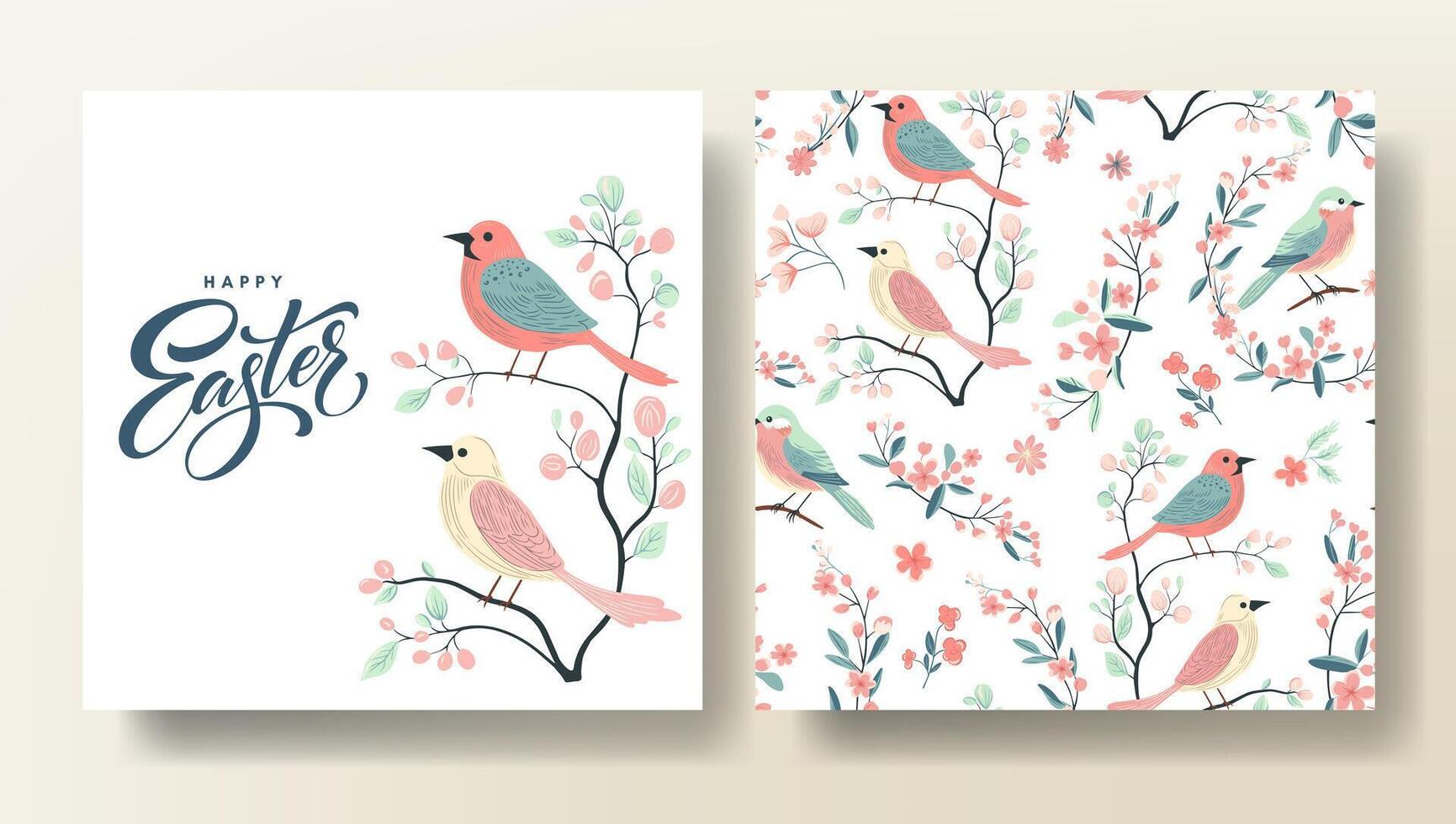 Set of Easter greeting card and seamless pattern with birds, spring template. Happy Easter vector