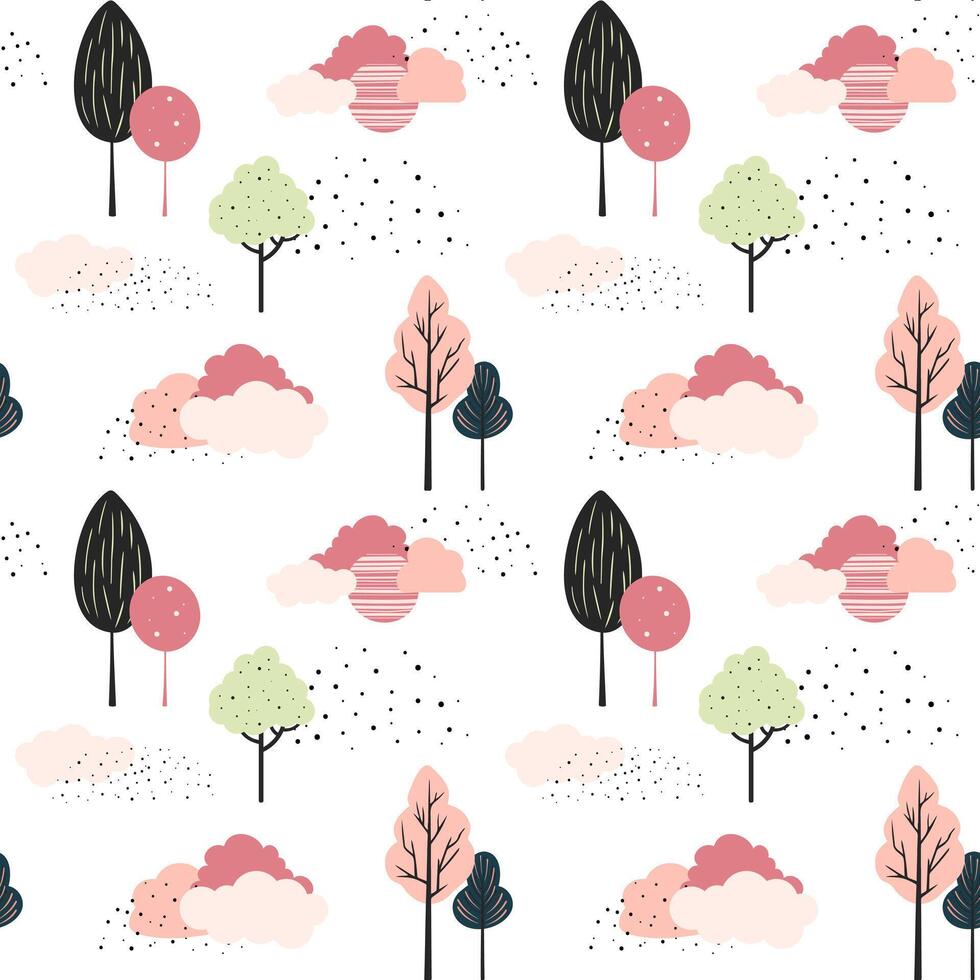 Cute trees seamless pattern. Scandinavian trees and clouds vector wallpaper. Childish fantasy background.