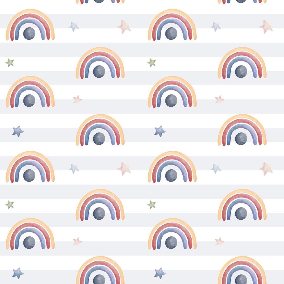 Cute childish wallpaper. Seamless pattern with rainbow and stars. Watercolor background in pastel colors vector