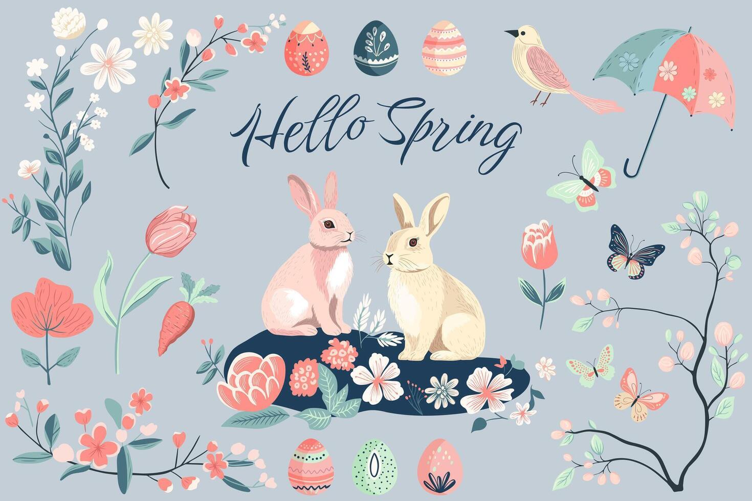 Spring collection. Hand drawn spring elements flowers, bird, bunny. Vector illustration. Trendy spring design