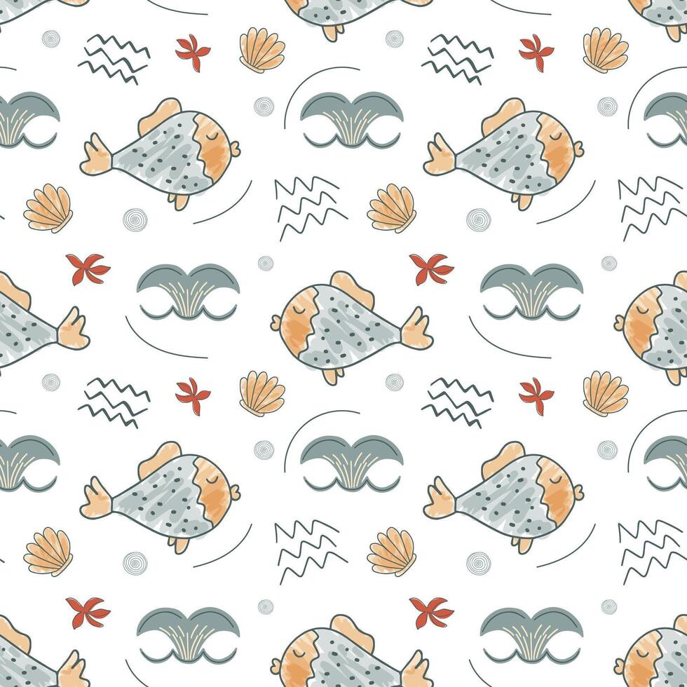 Seamless background with sketch fish and whale tail. Cute simple pattern with sea doodle elements. vector
