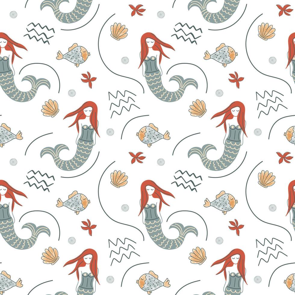 Cute simple pattern with sea doodle elements. Seamless background with sketch mermaid. vector