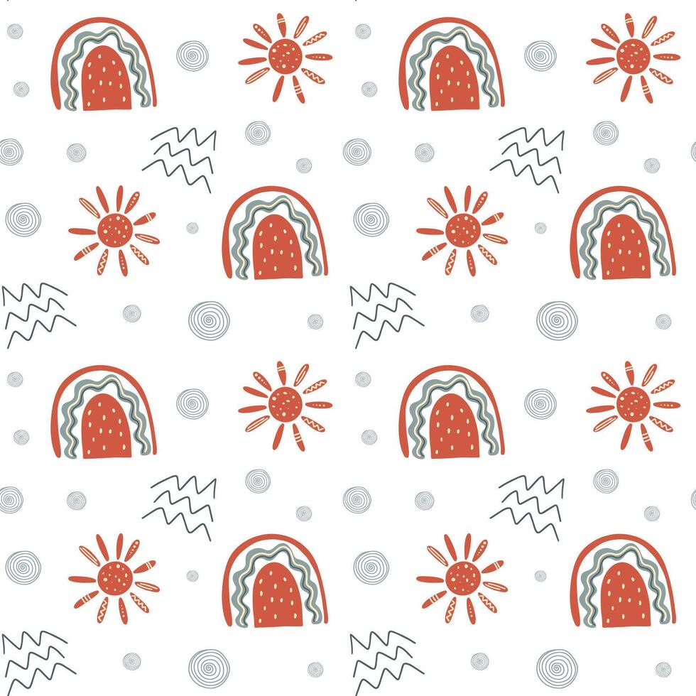Cute simple pattern with doodle elements. Seamless background with rainbow and sun. Red color vector