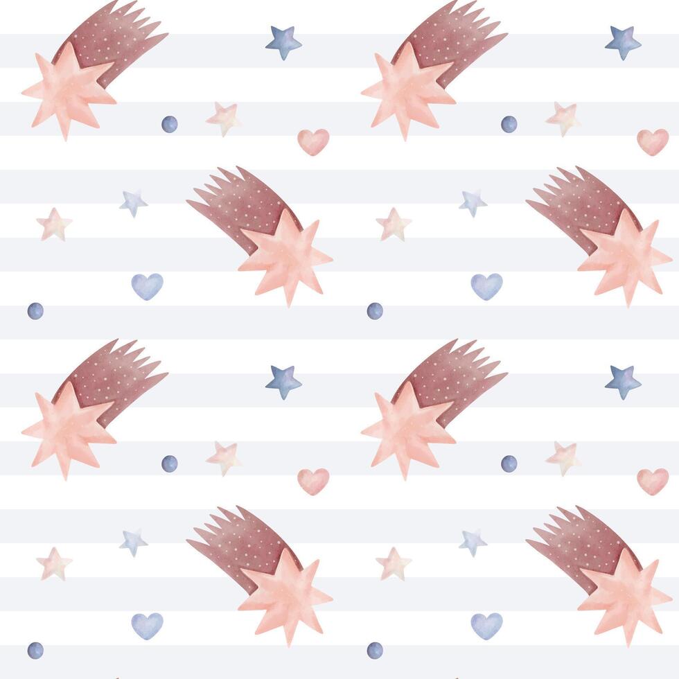 Seamless pattern with watercolor comet and star. Cute childish wallpaper. Vector background in pastel colors