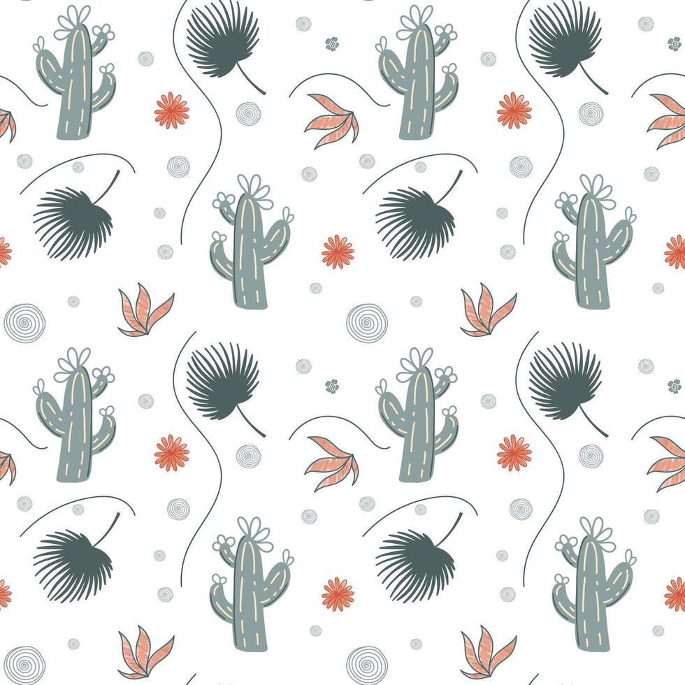 Seamless background with sketch cactus and palm leaf. Cute simple pattern with tropical doodle elements. vector