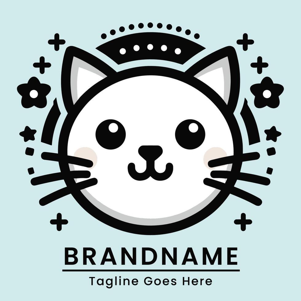 vector logo of a smiling white cat with black and white sakura flowers, embracing a Japanese theme, ideal for joyful branding