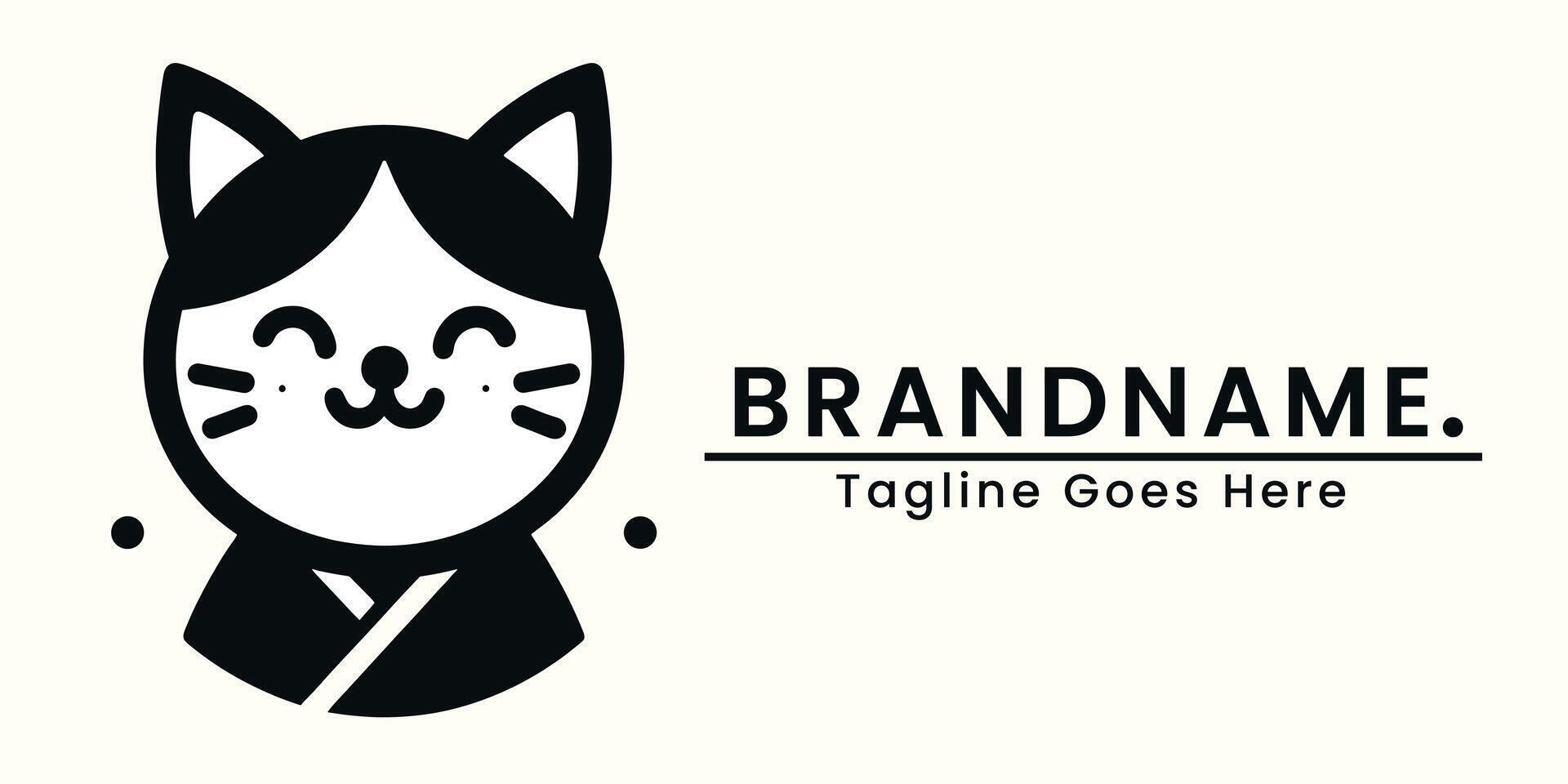 Japón gato sonrisa vistiendo pijama linda logo sencillo y plano japonés estilo color negro blanco suave logo para marca vector