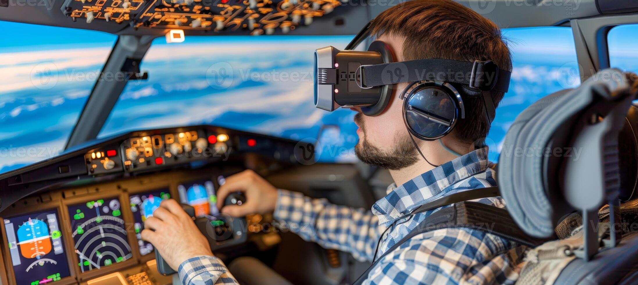 ai generado hombre tomando aviación examen en vuelo simulador con virtual realidad lentes a aviación colegio foto