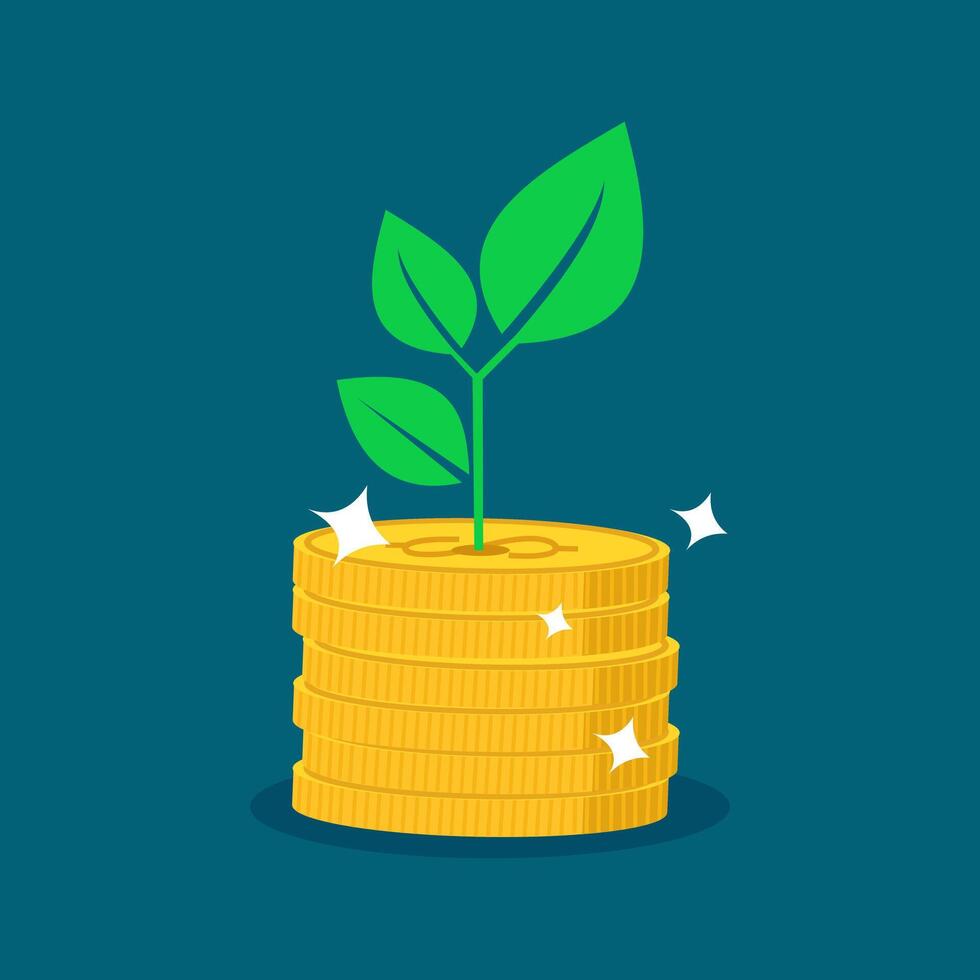 Plant green leafy plants on the coin row. financial vector