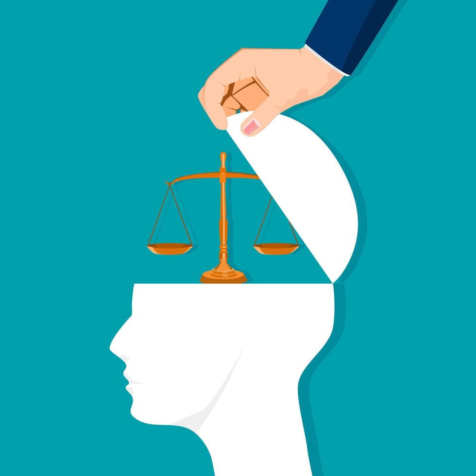 human brain is opened with the scales of justice vector