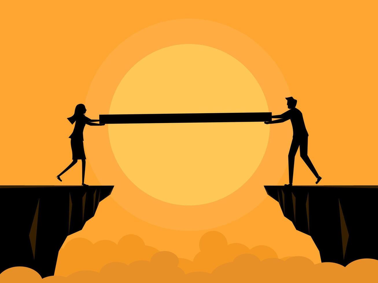 businessmen work together to build a bridge across a cliff gap vector