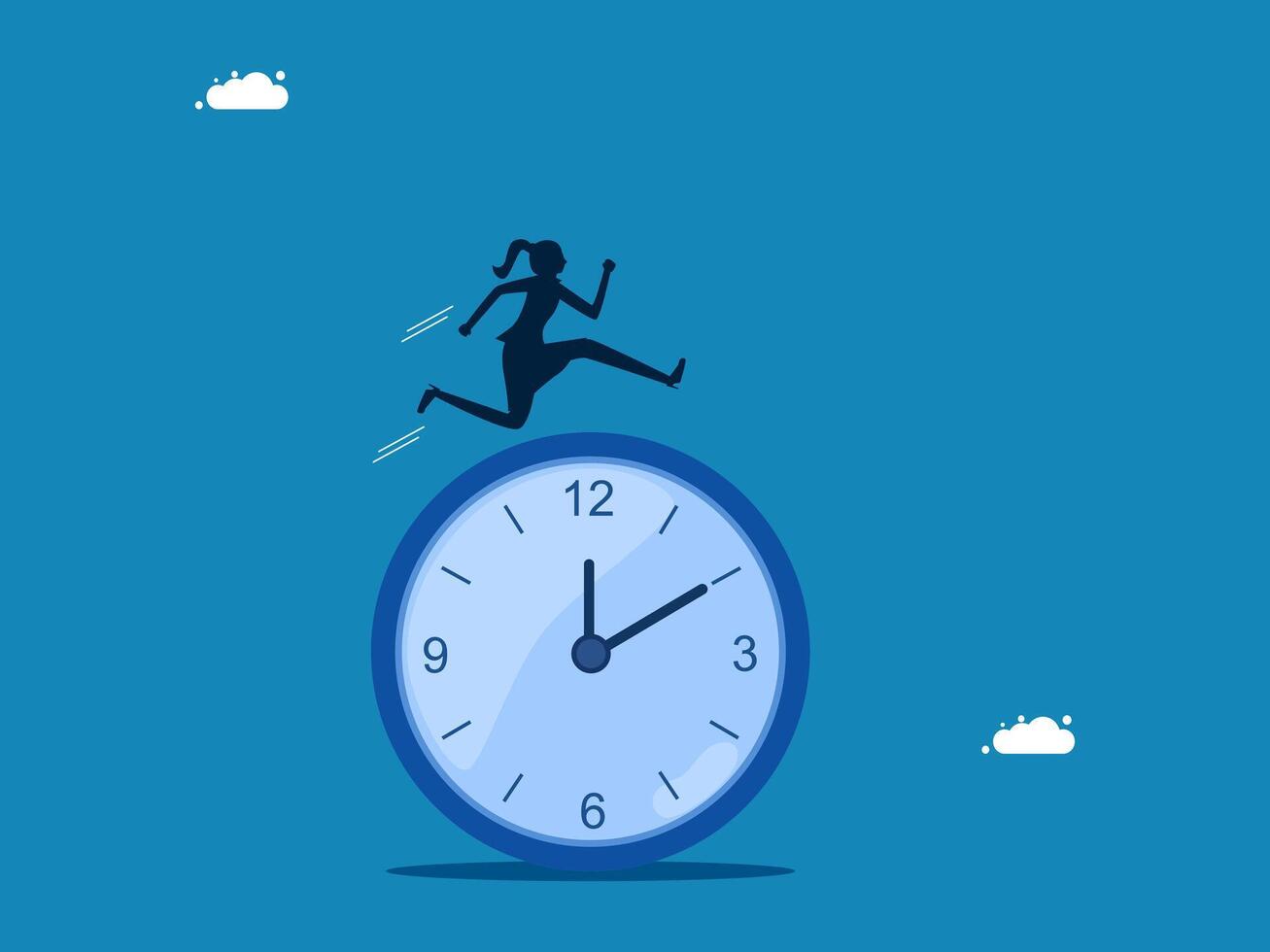 Efficiency in work. Businesswoman jumping over the clock vector