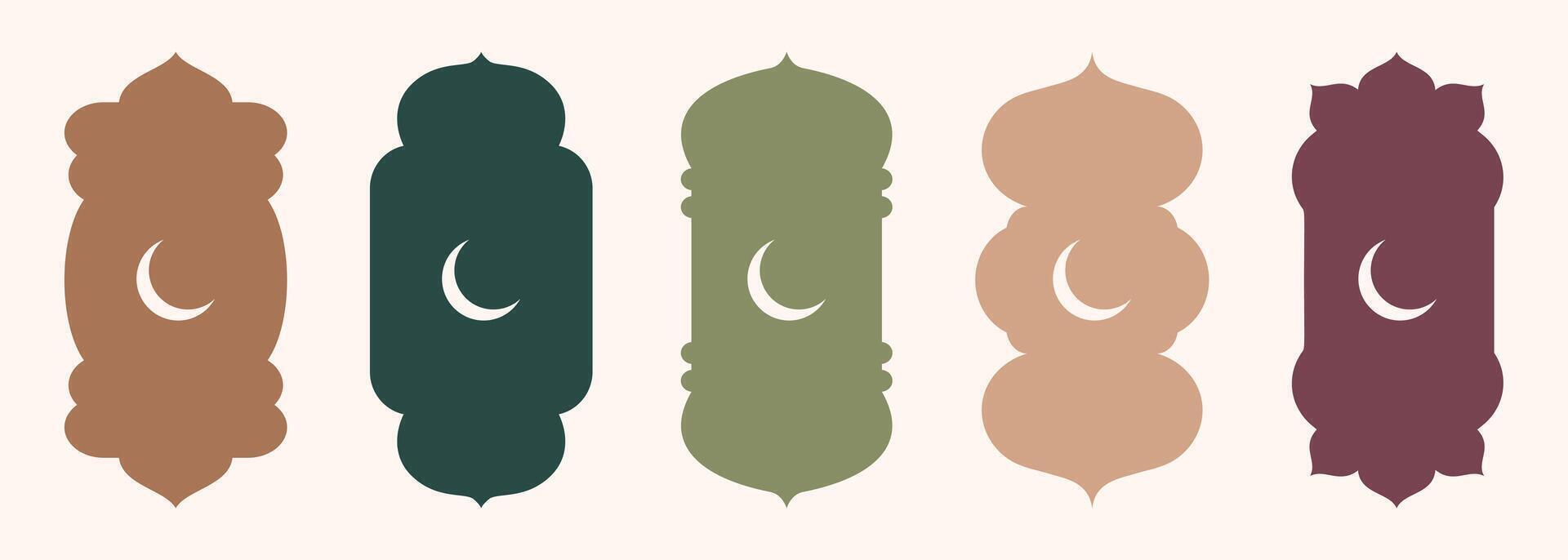 Islamic shape of door or window silhouette Arabic arch. Collection of patterns in oriental style. Frames in Arabic Muslim design for Ramadan Kareem. Vector mosque gate shape isolated on background.
