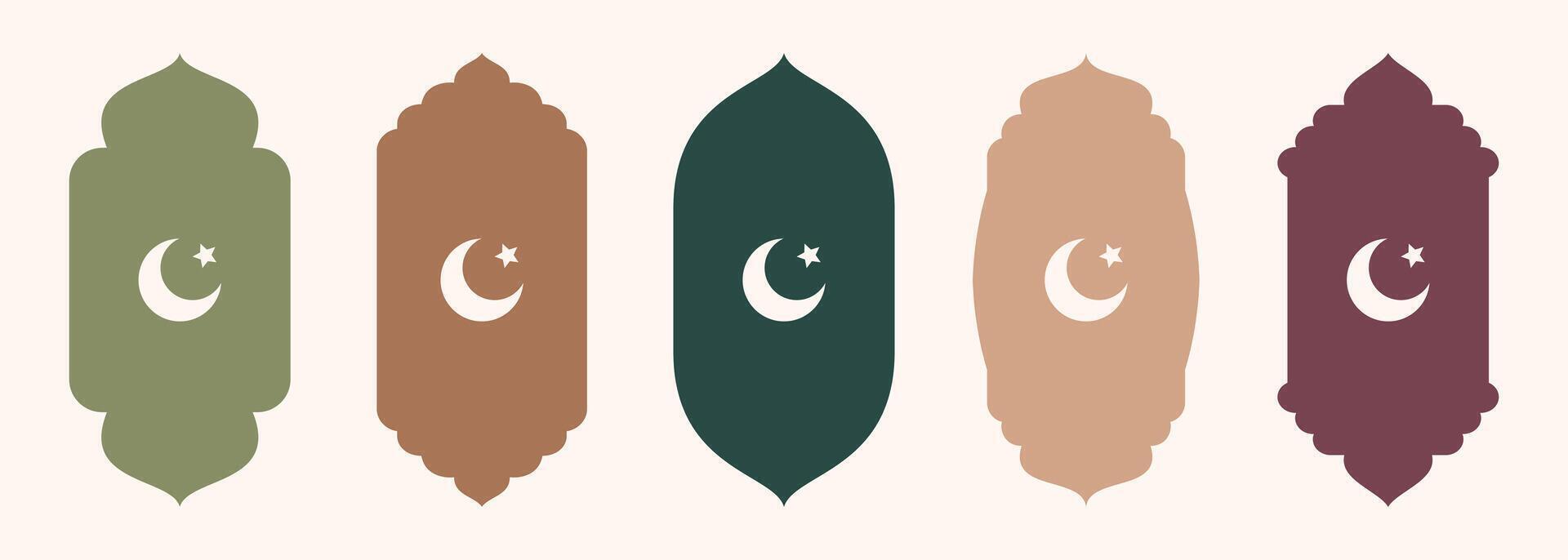 Islamic shape of door or window silhouette Arabic arch. Collection of patterns in oriental style. Frames in Arabic Muslim design for Ramadan Kareem. Vector mosque gate shape isolated on background.