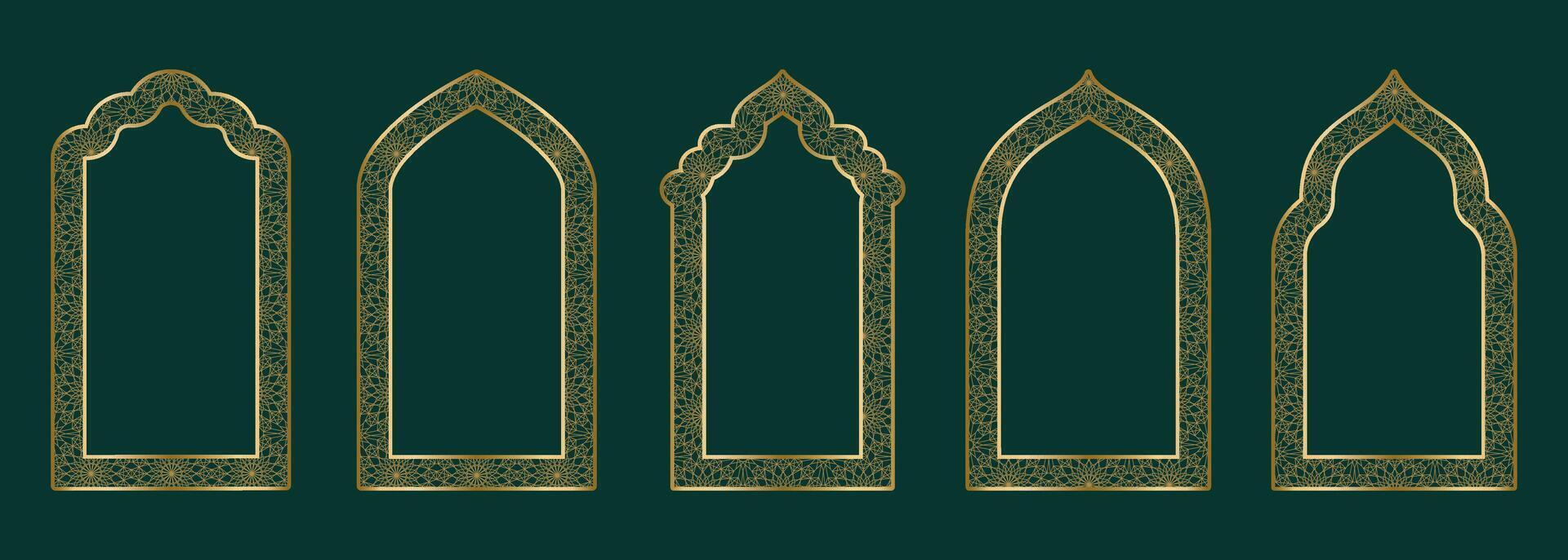 Gold ornamental arch frame shape Islamic door or window with geometric girikh pattern, silhouette Arabic arch. Luxury set in oriental style. Frames in Arabic Muslim design for Ramadan Kareem. Vector